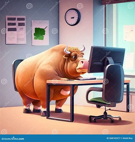 A Fat Cow is Sitting at the Office Table in Front of a Computer ...