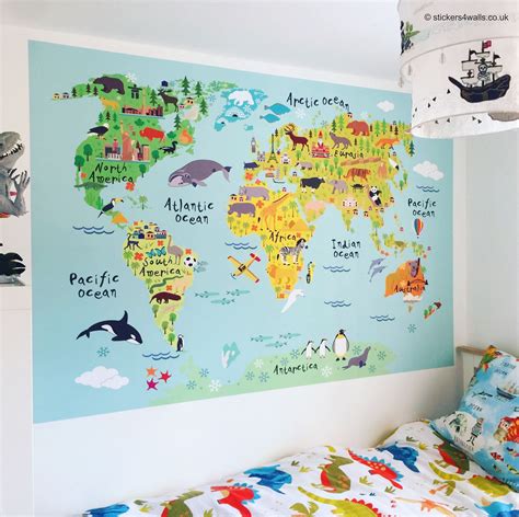 Reusable Kids World Map Fabric Wall Sticker | World map wall decal, Map ...