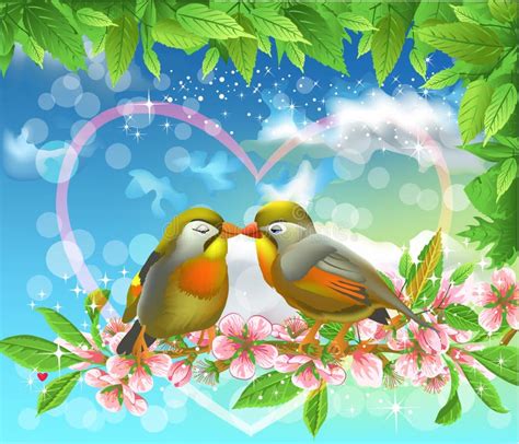 Loving Birds Kissing On A Branch Stock Vector - Illustration of couple ...