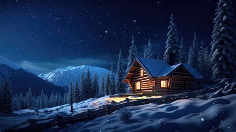 A desktop wallpaper of a snow-covered cabin at night