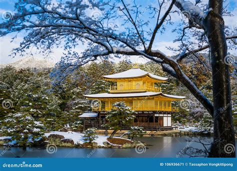 Kinkakuji Golden Pavilion Temple with Snow Stock Image - Image of ...