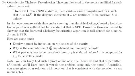 b) Consider the Cholesky Factorization Theorem | Chegg.com