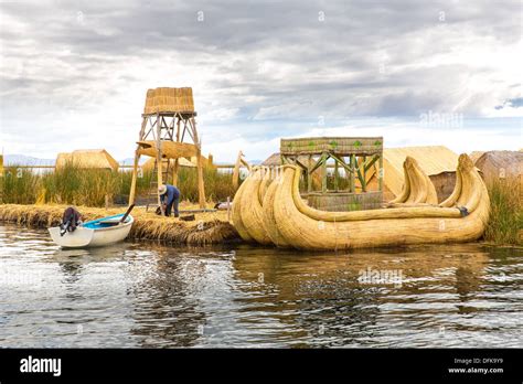 Traditional reed boat lake Titicaca Peru Puno Uros South America ...