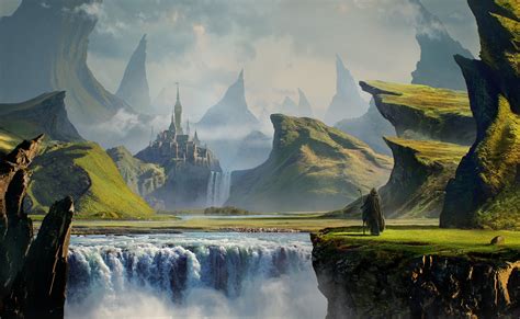 fantasy Art, Digital Art, Mountain, Waterfall, Nature, Castle, Rock ...