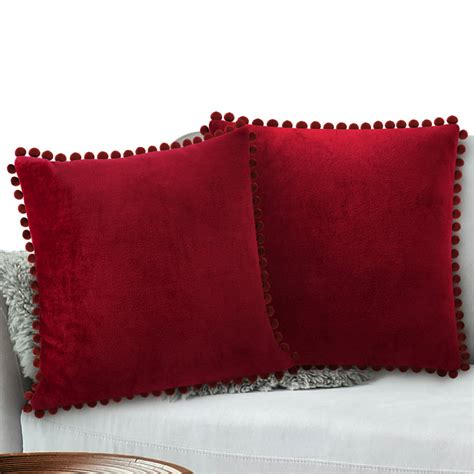 PAVILIA Burgundy Red Throw Pillow Covers, 20x20, Set of 2, Pom Pom ...