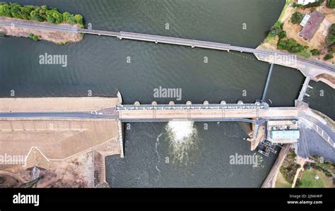 Overhead aerial view of the Lake Mulwala weir bridge between Lake ...