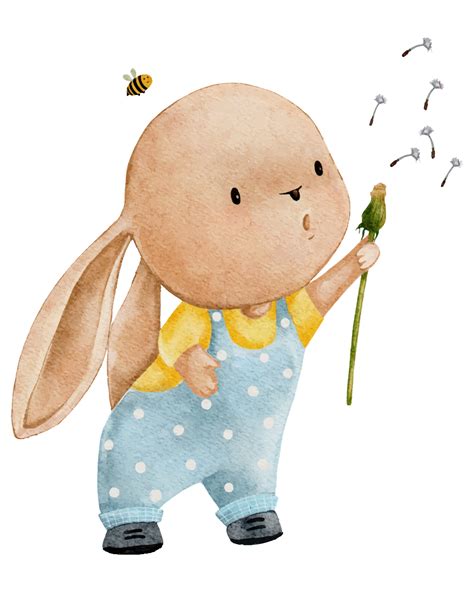 Cute Rabbit blowing dandelion flower water colour hand paint,Cartoon ...