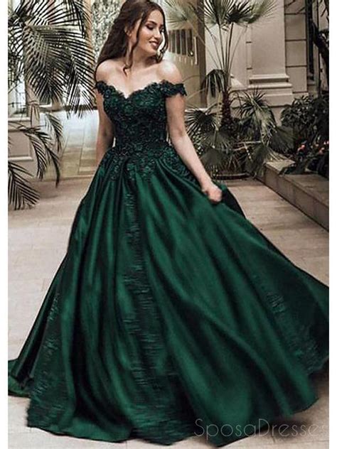 Off Shoulder Dark Green A-line Long Evening Prom Dresses, Cheap Sweet ...