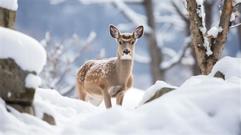 Premium AI Image | a deer standing in the snow near a tree