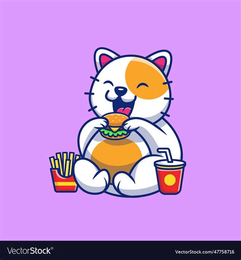 Cute fat cat eating burger cartoon Royalty Free Vector Image