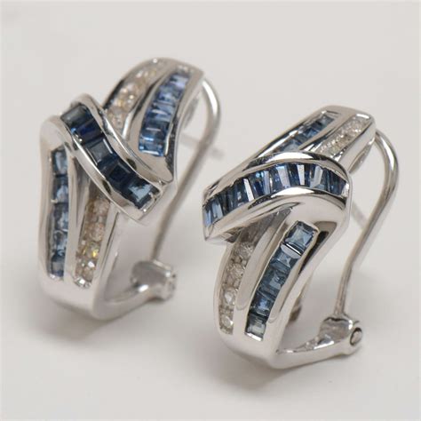 Pair of 14K White Gold Natural Blue Sapphire Diamond Earrings | EBTH