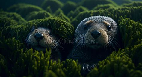 A Baby Otter Swimming with Its Mom Stock Illustration - Illustration of ...