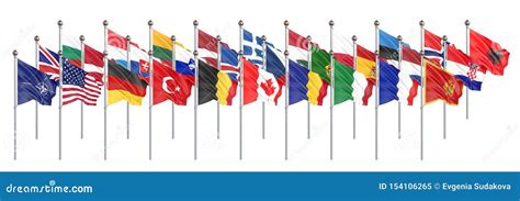 The 28 Waving Flags of NATO Countries - North Atlantic Treaty. Isolated ...