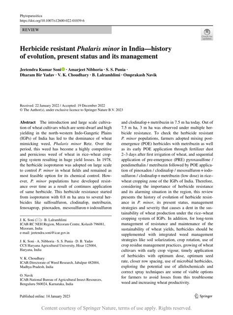 (PDF) Herbicide resistant Phalaris minor in India—history of evolution ...