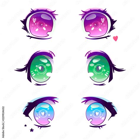 Hand drawn cute anime eyes. Colored vector set. All elements are ...