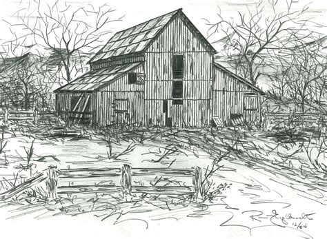 Pencil sketches of Old Barns. Drawings of old barns. Note