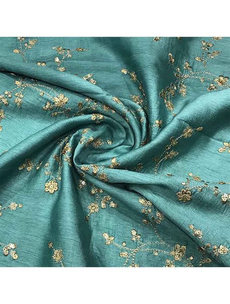 Dusty Green Dupion Silk Fabric with Premium Floral Embroidery | Saroj ...