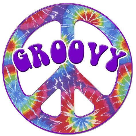 a peace sign with the word grooy written in purple on top of it