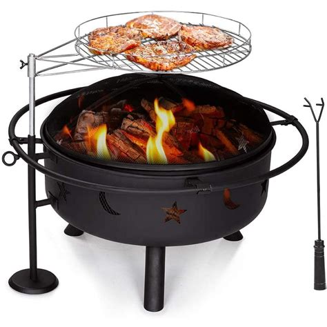 Yardom Fire Pit with Height & Degree Adjustable Cooking Grill Wood ...