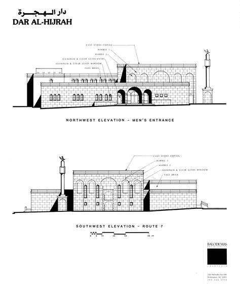 Dar Al-Hijrah Islamic Center | Northwest elevation (men's entrance) and ...