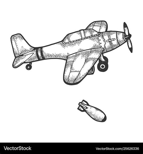 Bomber plane drops bomb sketch engraving Vector Image