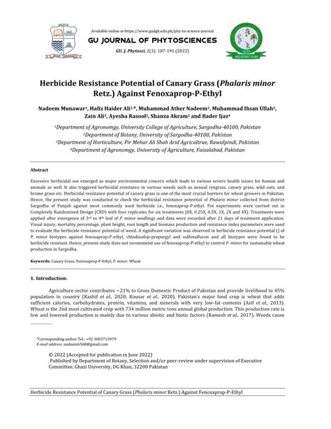 (PDF) Herbicide Resistance Potential of Canary Grass (Phalaris minor ...