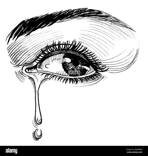 Beautiful crying eye. Ink black and white drawing Stock Photo - Alamy