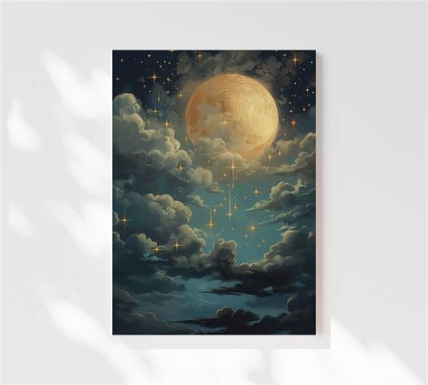 Vintage Enchanting Celestial Moon Art Oil Painting Canvas Dark Academia ...