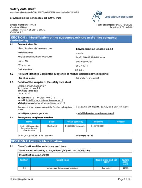 Fillable Online Safety Data Sheet: Ethylenediamine tetraacetic acid Fax ...