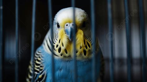 In The Bird Cage A Blue And Yellow Budgie Is Sitting Behind It ...