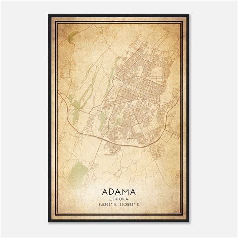 Vintage Adama Ethiopia Map Poster, Adama City Road Wall Art Print ...