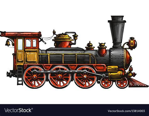 Vintage steam locomotive. Drawn ancient train, transport. Vector ...