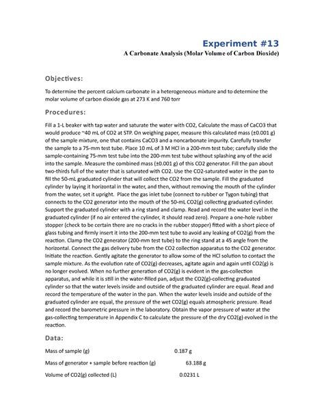 Experiment #13 - Molar volume of carbon oxide - Experiment A Carbonate ...