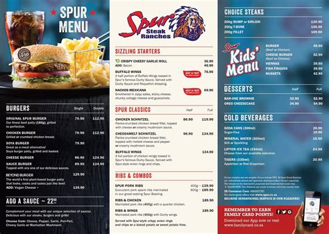 Menu at Utah Spur restaurant, Cape Town