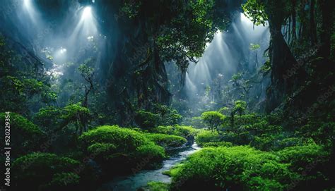 Exotic foggy forest. Jungle panorama, forest oasis. Foggy dark forest ...