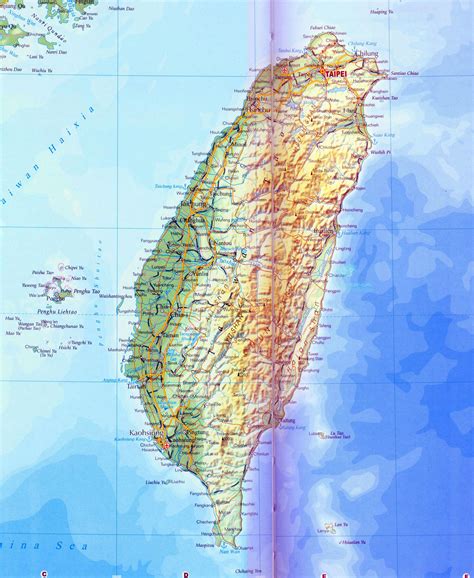 Large detailed road map of Taiwan with relief, all cities and other ...