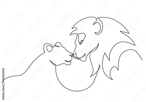 Lion with lioness in love. Lion family. One line drawing Stock Vector ...