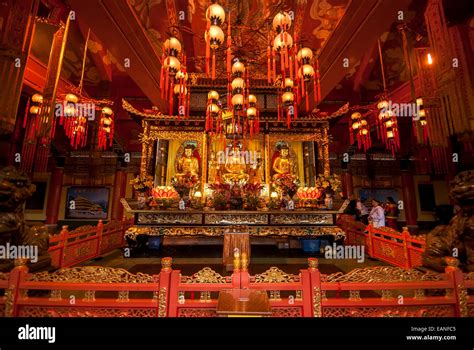 Altar inside the Tian Tan Buddha Temple located at Ngong Ping, Lantau ...