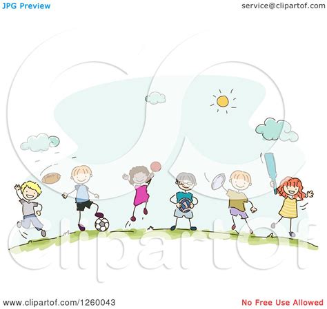 Clipart of Sketched Stick Kids with Sports Equipment - Royalty Free ...