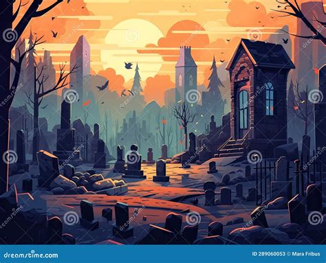 Halloween Creepy Graveyard Modern Illustration. Holiday Card Drawing ...