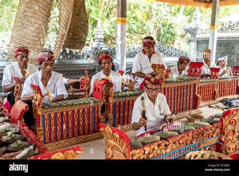 traditional gamelan ensemble during a temple ceremony in Lovina Bali ...