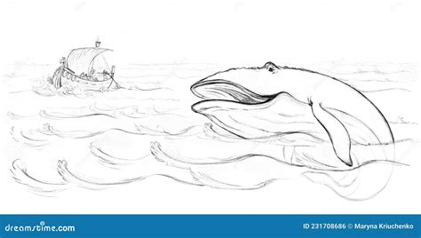 Peoples and Blue Whale. Pencil Drawing Stock Illustration ...