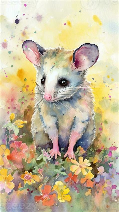 Colorful Flower Field with Engaging Baby Possum Watercolor Painting ...