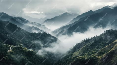 Premium AI Image | A foggy mountain landscape with a mountain range in ...