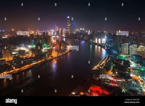 Shanghai Huangpu River night view with city skyline in China Stock ...