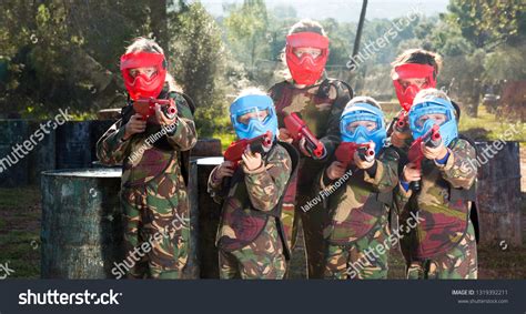 Portrait Concentrated Kids Paintball Players Wearing Stock Photo ...