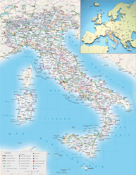 Large detailed relief, political and administrative map of Italy with ...