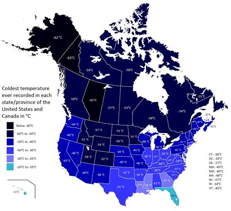 Coldest temperature ever recorded in US states and Canadian Provinces ...