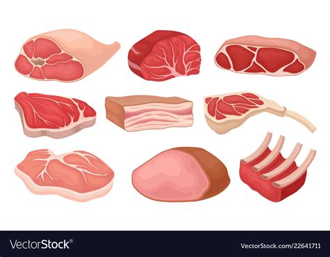 Flat set of meat products fresh beef pork Vector Image