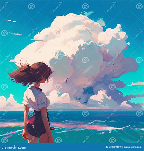 Cute Anime Girl Standing in Front of Ocean and Big Cloud Digital Art ...